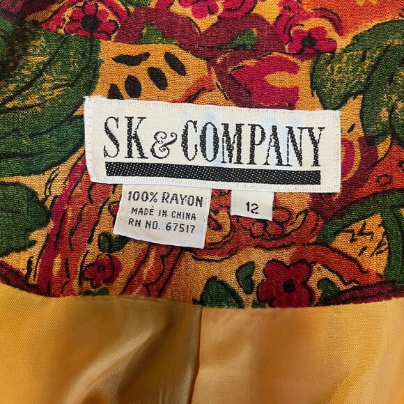 Vintage 80s SK & Co Red Green Gold Floral Short Sleeve Fall Blouse Jacket 12 - Picture 6 of 9